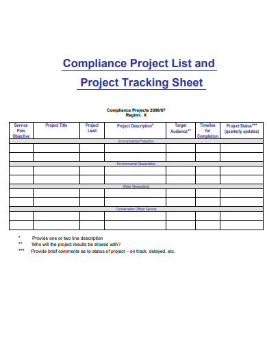 compliance project tracking sheet template