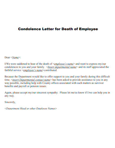 condolence letter for death of employee template
