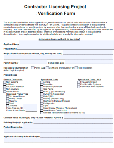 contractor licensing project verification form template