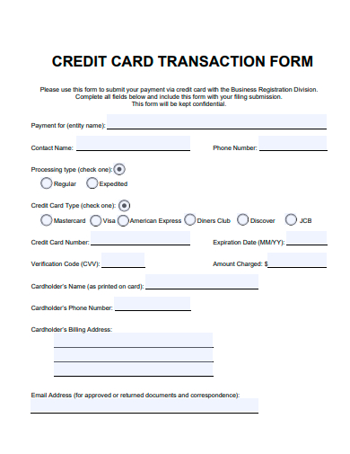 credit card transaction form template