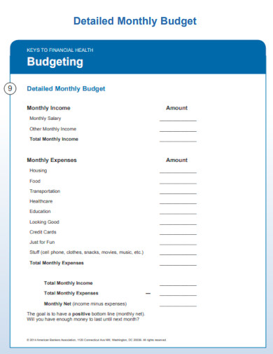 detailed monthly budget template