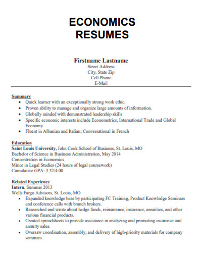 economics resume template