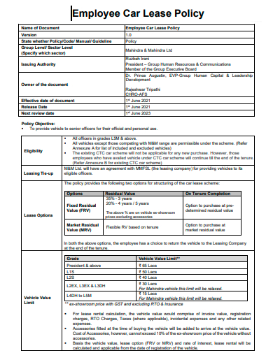 employee car lease policy template