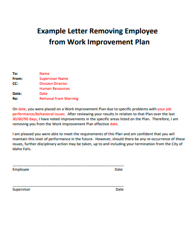 employee from work improvement plan letter template