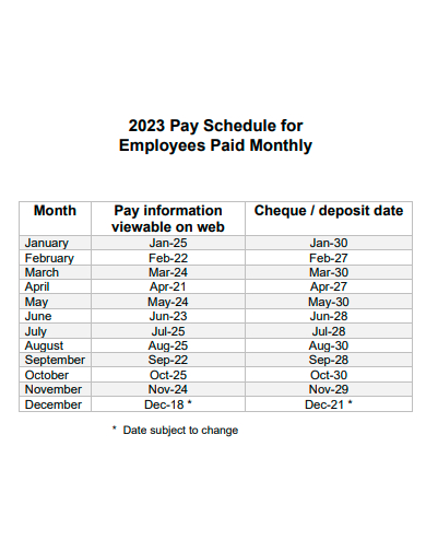 employees paid monthly pay schedule template