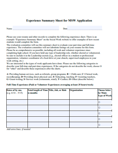 experience summary sheet for application template
