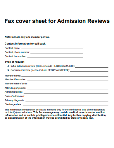 fax cover sheet for admission reviews template