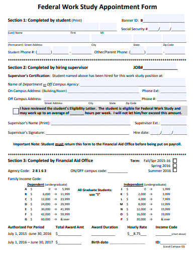 federal work study appointment form template