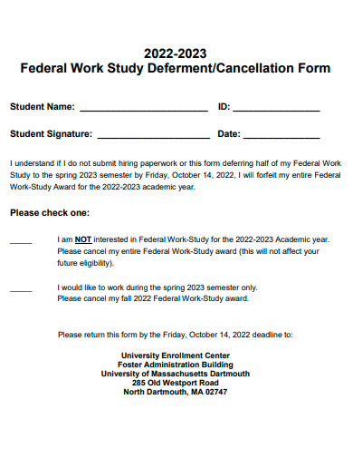 federal work study deferment cancellation form template