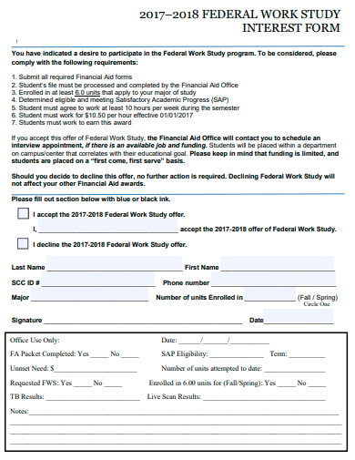 federal work study interest form template