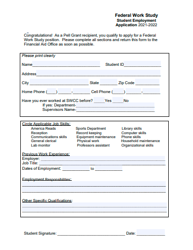 federal work study student employment application form template