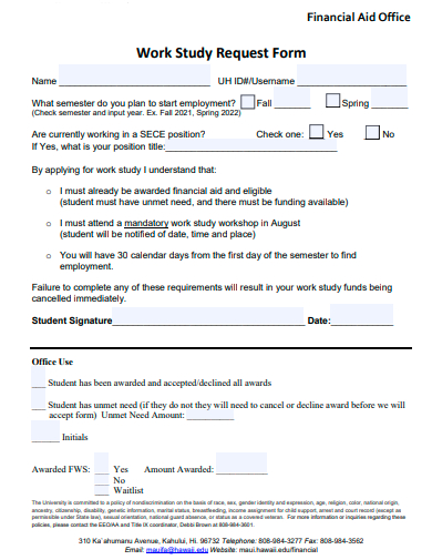 financial aid office work study form template