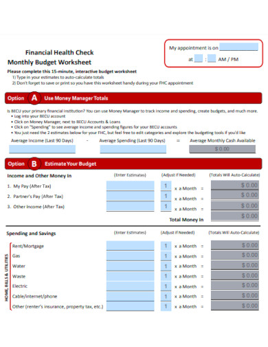 financial health check monthly budget template