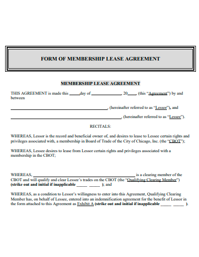 form of membership lease agreement template