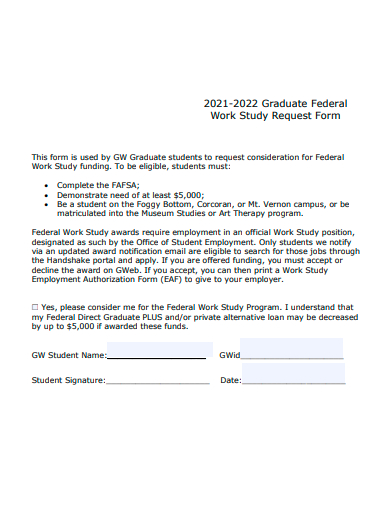 graduate federal work study request form template