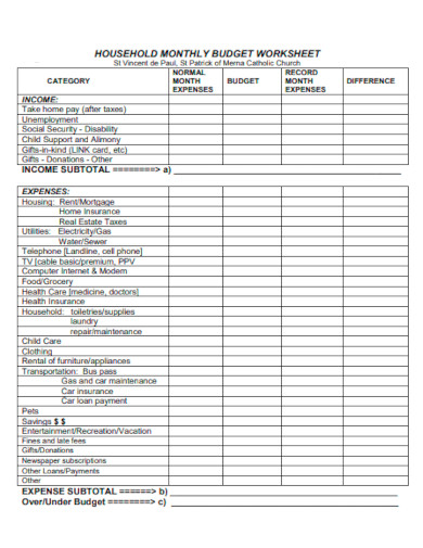 household monthly budget template