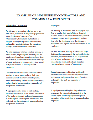 independent contractors and common law employees template