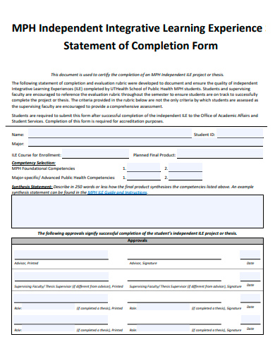 independent integrative learning experience statement of completion form template