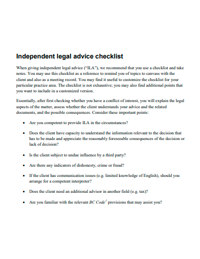 independent legal advice checklist template