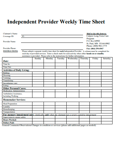 independent provider weekly time sheet template