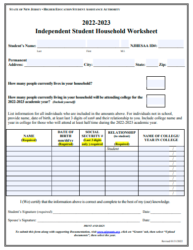 independent student household worksheet template