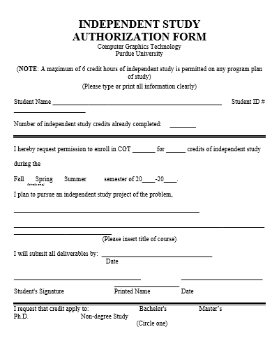 independent study authorization form template