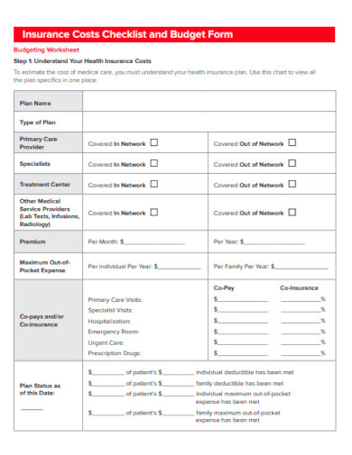 insurance cost monthly budget checklist form
