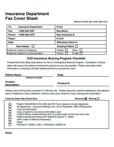 insurance department fax cover sheet template