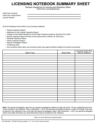 licensing notebook summary sheet template