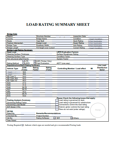 load rating summary sheet template