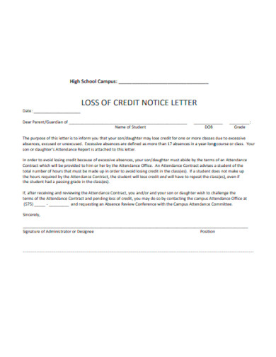 loss or credit notice letter template