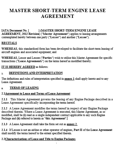 master short term engine lease agreement template
