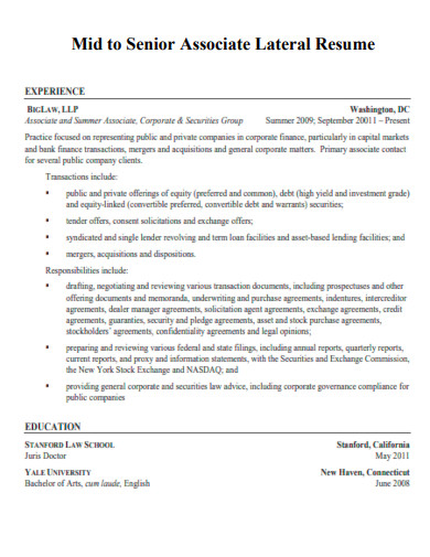 mid to senior associate lateral resume