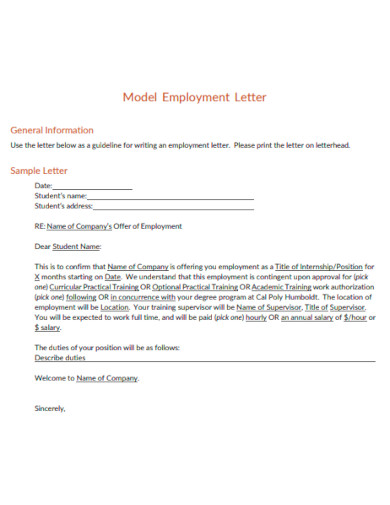 model employment letter template