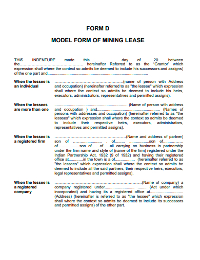 model form of mining lease template