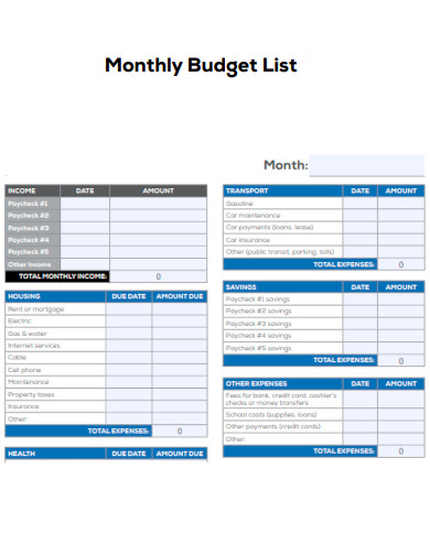 monthly budget list template