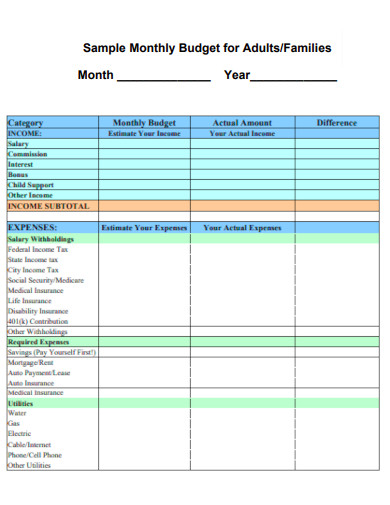 monthly budget for adults and families template