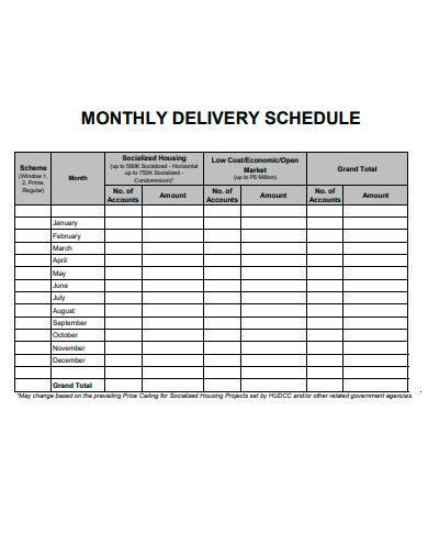 monthly delivery schedule template