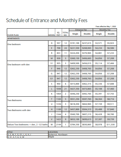 monthly fees schedule of entrance template