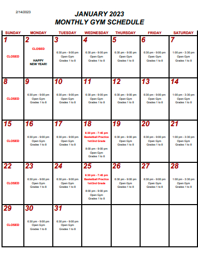 monthly gym schedule template
