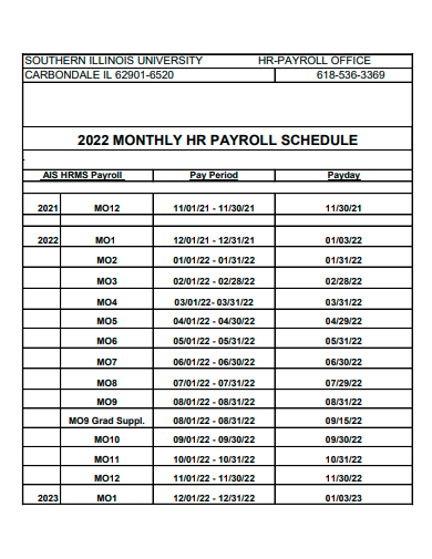 monthly hr payroll schedule template