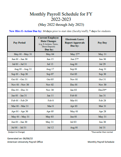 monthly payroll schedule template