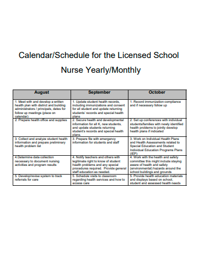 monthly schedule for licensed school nurse template
