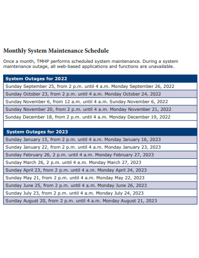 monthly system maintenance schedule template