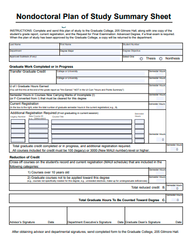 nondoctoral plan of study summary sheet template