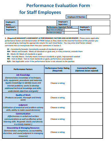 performance evaluation form for staff employees template