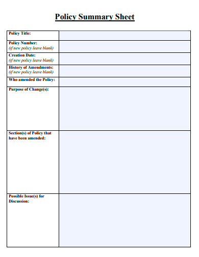 policy summary sheet template