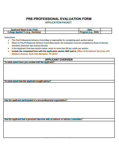 pre professional evaluation form template