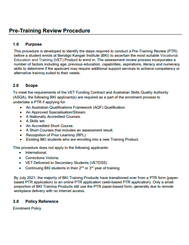 pre training review procedure template