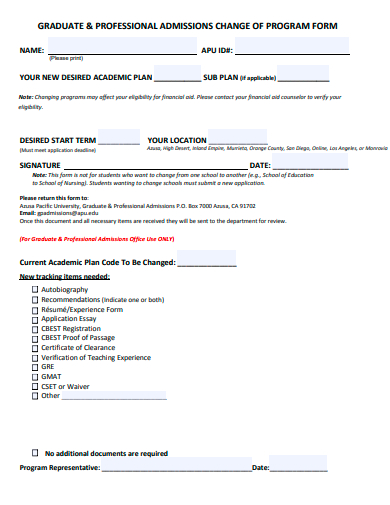 professional admission change of program form template